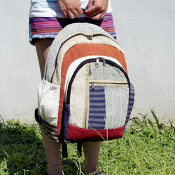 限量一件 手工棉麻拼接設計後背包 / 肩背包 / 民族登山包 / 拼布包 - 夕陽色幾何民族後背包hemp bag 第5張的照片