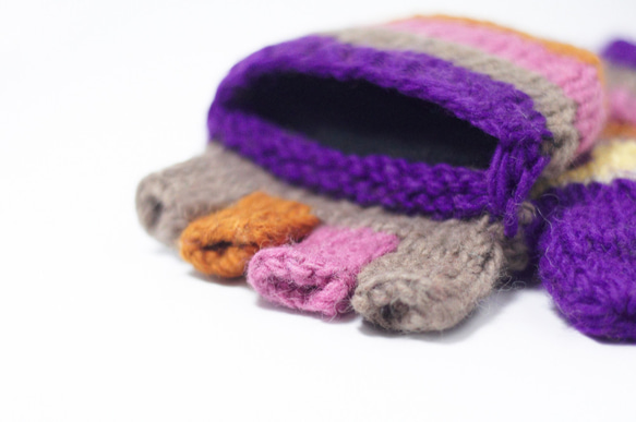 NG商品 限量一件針織純羊毛保暖手套 / 2ways手套 / 露趾手套 / 內刷毛手套 / 針織手套 - 紫色東歐民族風 第2張的照片