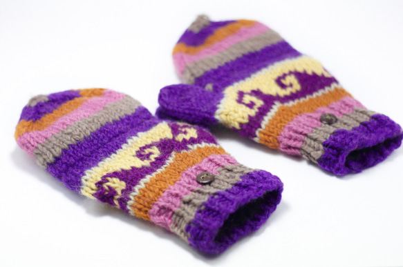 NG商品 限量一件針織純羊毛保暖手套 / 2ways手套 / 露趾手套 / 內刷毛手套 / 針織手套 - 紫色東歐民族風 第5張的照片