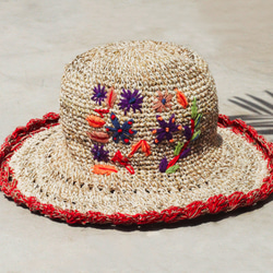 母親節禮物 限量一件 手工編織棉麻帽/編織帽/漁夫帽/遮陽帽/草帽/草編帽 - Boho 彩虹刺繡花朵 森林風  紅色 第2張的照片