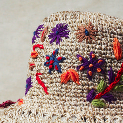 母親節禮物 限量一件 手工編織棉麻帽/編織帽/漁夫帽/遮陽帽/草帽/草編帽 - Boho 彩虹刺繡花朵 森林風 紫色 第2張的照片