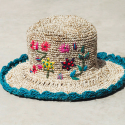 母親節禮物 限量一件 手工編織棉麻帽/編織帽/漁夫帽/遮陽帽/草帽/草編帽 - Boho 繽紛刺繡花朵 森林風 ( 藍色 第1張的照片
