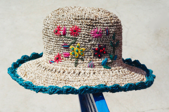 母親節禮物 限量一件 手工編織棉麻帽/編織帽/漁夫帽/遮陽帽/草帽/草編帽 - Boho 繽紛刺繡花朵 森林風 ( 藍色 第3張的照片