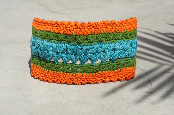 母親節 手工棉線編織髮帶 / 編織繽紛髮帶 髮飾 - 糖果色 橘色與綠葉條紋圖案 ( 手工限量一件 ) 第4張的照片