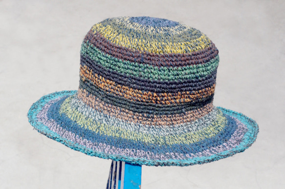 限量一件 手工編織棉麻帽/編織帽/漁夫帽/遮陽帽/草帽 - 藍色天空 藍莓 繽紛條紋 手織帽 woven hat 第2張的照片