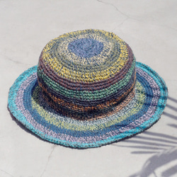 限量一件 手工編織棉麻帽/編織帽/漁夫帽/遮陽帽/草帽 - 藍色天空 藍莓 繽紛條紋 手織帽 woven hat 第4張的照片