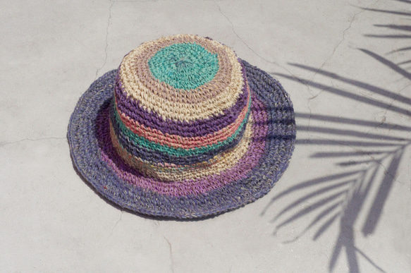 限量一件 手工編織棉麻帽/編織帽/漁夫帽/遮陽帽/草帽 - 藍莓 冰淇淋條紋 手織帽 fairtrade hemphat 第1張的照片