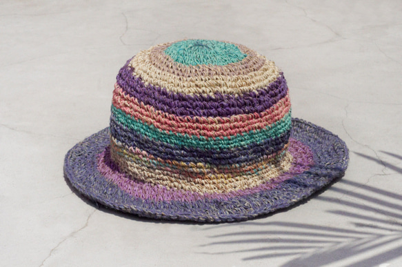 限量一件 手工編織棉麻帽/編織帽/漁夫帽/遮陽帽/草帽 - 藍莓 冰淇淋條紋 手織帽 fairtrade hemphat 第3張的照片