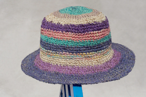 限量一件 手工編織棉麻帽/編織帽/漁夫帽/遮陽帽/草帽 - 藍莓 冰淇淋條紋 手織帽 fairtrade hemphat 第4張的照片