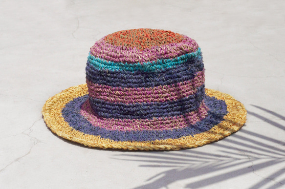 限量一件 手工編織棉麻帽/編織帽/漁夫帽/遮陽帽/草帽 - 芒果 + 藍莓 冰淇淋條紋 手織帽 fairtrade 第1張的照片