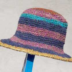 限量一件 手工編織棉麻帽/編織帽/漁夫帽/遮陽帽/草帽 - 芒果 + 藍莓 冰淇淋條紋 手織帽 fairtrade 第2張的照片