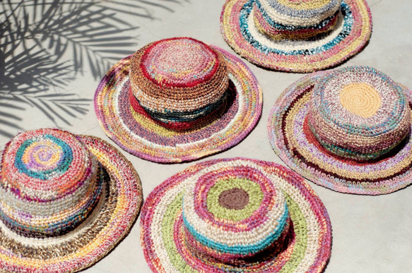 限量一件 手工編織棉麻帽/編織帽/漁夫帽/遮陽帽/草帽 - 芒果 + 藍莓 冰淇淋條紋 手織帽 fairtrade 第8張的照片