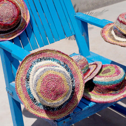 限量一件 手工編織棉麻帽/編織帽/漁夫帽/遮陽帽/草帽 - 芒果 + 藍莓 冰淇淋條紋 手織帽 fairtrade 第9張的照片