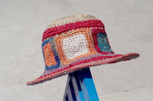 情人節禮物 限量一件 手工編織棉麻帽/編織帽/漁夫帽/草帽/草編帽 - 鮮豔色熱帶風 幾何方塊fairtrade hat 第3張的照片