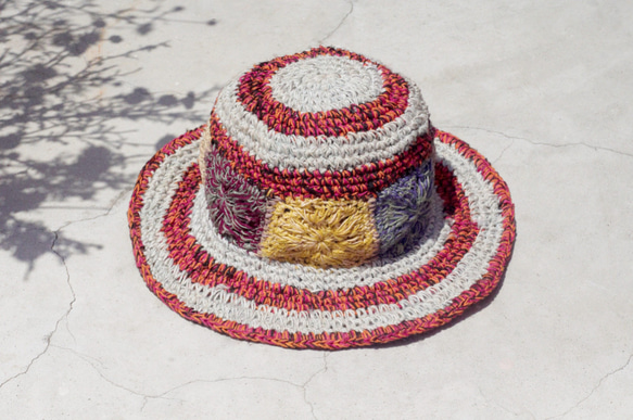 限量一件 手工編織棉麻帽/編織帽/漁夫帽/草帽/遮陽帽/鉤織帽 - 鮮豔對比色 熱帶森林系花朵編織 fairtrade 第6張的照片