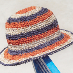 限量手工編織棉麻帽/編織帽/漁夫帽/遮陽帽/草帽/手工編織帽 - 熱帶水果 橘子與藍莓色 繽紛條紋 ( 小帽簷 ) 第3張的照片