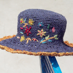 限量一件 手工編織棉麻帽/編織帽/漁夫帽/遮陽帽/草帽/草編帽 - 藍色地中海 彩虹刺繡花朵 森林風 ( 橘色花邊 ) 第1張的照片