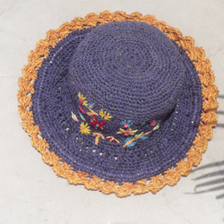 限量一件 手工編織棉麻帽/編織帽/漁夫帽/遮陽帽/草帽/草編帽 - 藍色地中海 彩虹刺繡花朵 森林風 ( 橘色花邊 ) 第3張的照片
