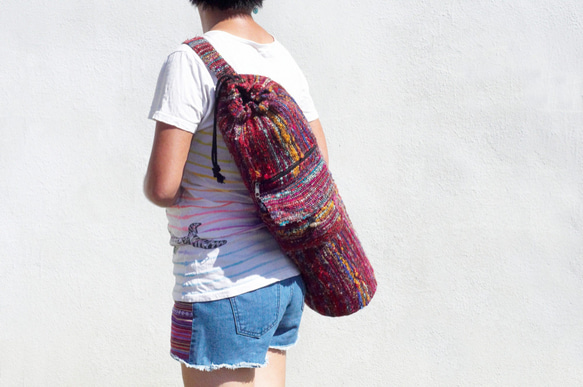 限量一件 編織手感瑜珈墊背包 / yoga bag /瑜伽包 /手織包 - 紅色系 彩色繽紛手捻紗麗線fairtrade 第10張的照片
