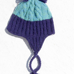 限量一件 聖誕禮物 手工針織純羊毛帽 / 手工內刷毛毛帽 / 針織毛帽 / 飛行毛帽 / 毛線帽 - 藍色海洋 麻花圖紋 第2張的照片