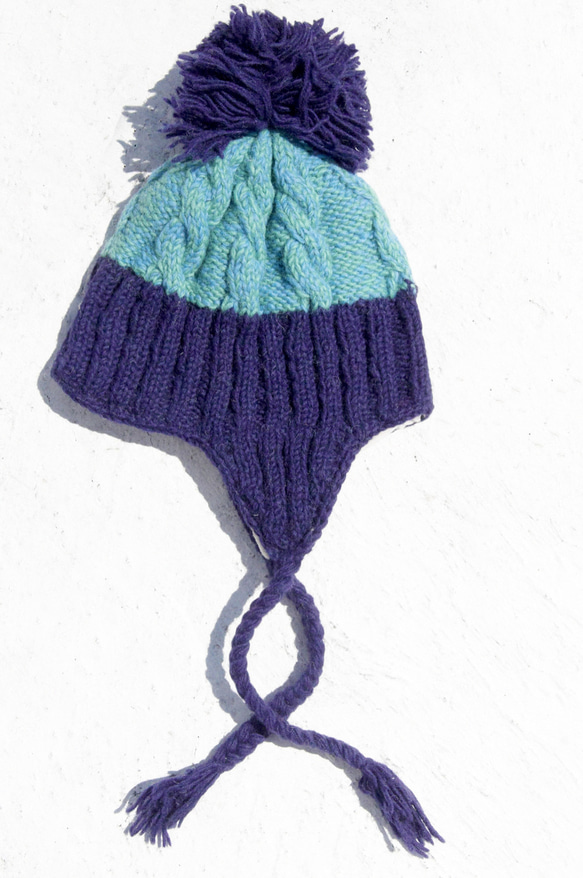 限量一件 聖誕禮物 手工針織純羊毛帽 / 手工內刷毛毛帽 / 針織毛帽 / 飛行毛帽 / 毛線帽 - 藍色海洋 麻花圖紋 第2張的照片