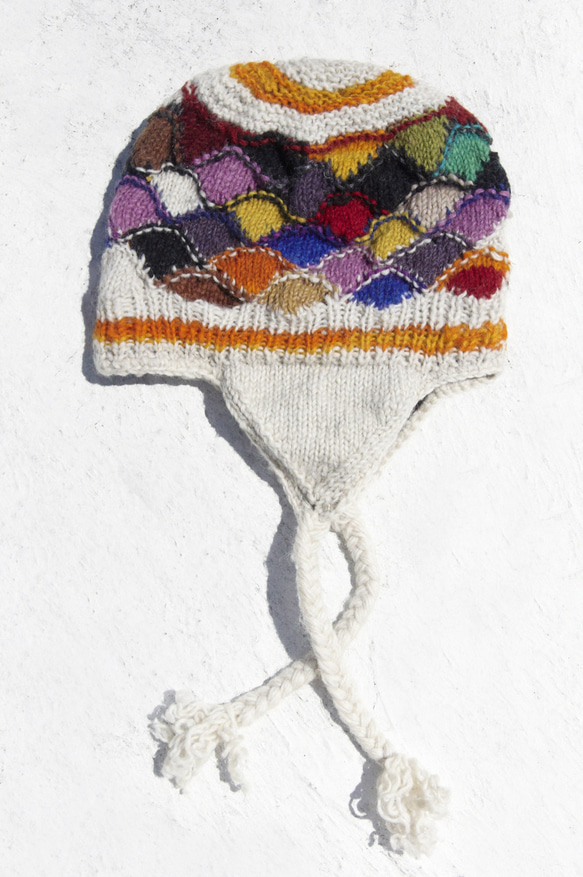 限定版手編みの純粋なウールの帽子/手作りのブラッシュドキャップ/ニット帽/フライングキャップ/ウールの帽子 - カラフルな幾何学 2枚目の画像