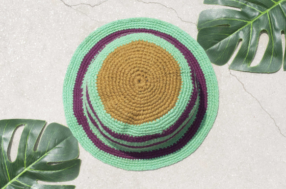 アースフォレストステッチ、手織り綿帽子/漁師帽子/サンバイザー/パッチハット/手作り帽子/手編み帽子/手織り - 緑茶緑茶 6枚目の画像