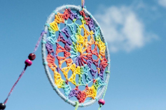 自由ho放に生きるエスニックスタイル手織り綿とリネンレインボーカラードリームキャッチャー-ライトブルーレインボーかぎ針編みレース 3枚目の画像