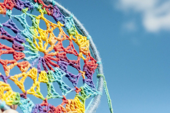 自由ho放に生きるエスニックスタイル手織り綿とリネンレインボーカラードリームキャッチャー-ライトブルーレインボーかぎ針編みレース 4枚目の画像