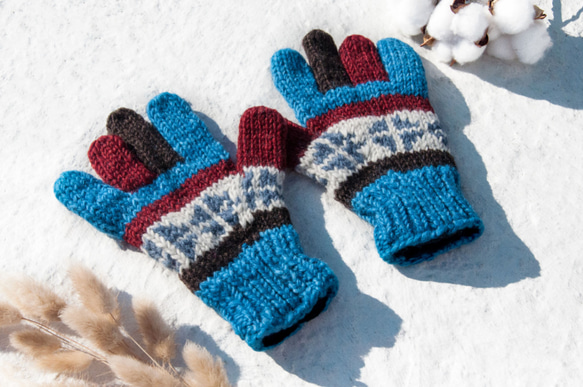 母親節 情人節禮物 新年禮物 民族風 森林系 生日禮物 手織羊毛針織手套/針織純羊毛保暖手套/全趾手套-藍色北歐費爾島 第1張的照片