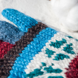 母親節 情人節禮物 新年禮物 民族風 森林系 生日禮物 手織羊毛針織手套/針織純羊毛保暖手套/全趾手套-藍綠北歐費爾島 第3張的照片