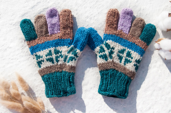 母親節 情人節禮物 新年禮物 民族風 森林系 生日禮物 手織羊毛針織手套/針織純羊毛保暖手套/全趾手套-北歐風藍天綠地 第1張的照片