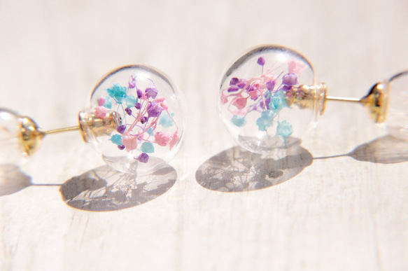 Glass earrings / 森林系 / 植物原味玻璃球耳環 - 粉色系滿天星+蒲公英森林 ( 耳針式 ) 第1張的照片