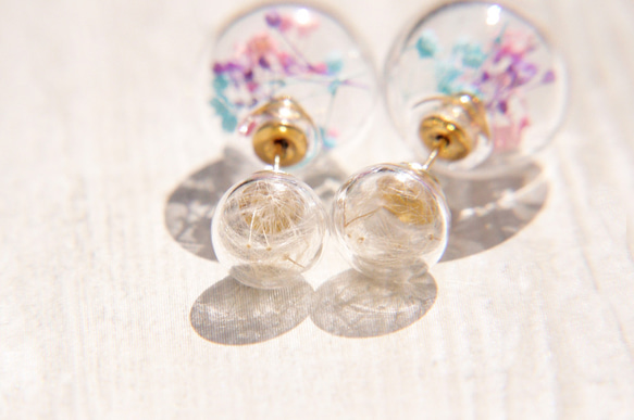 Glass earrings / 森林系 / 植物原味玻璃球耳環 - 粉色系滿天星+蒲公英森林 ( 耳針式 ) 第2張的照片