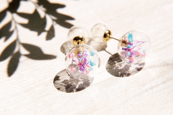 Glass earrings / 森林系 / 植物原味玻璃球耳環 - 粉色系滿天星+蒲公英森林 ( 耳針式 ) 第4張的照片