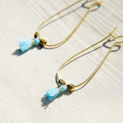 boho earrings / 簡約感 / 復古金黃色調黃銅耳環 耳針 - 橢圓形幾何美學流蘇(天藍色) 第1張的照片