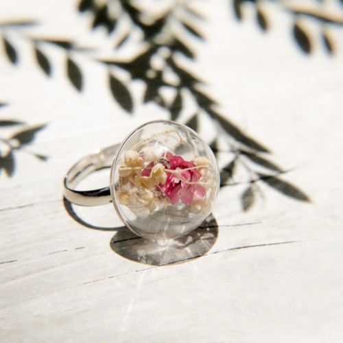 森ガール/英語乾燥花透明なガラス玉のリング - カラフルな赤いドライ