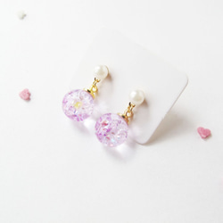 ＊Rosy Garden＊丁香優雅淡紫色水晶玻璃球配珍珠垂吊耳環 可換耳夾式 第3張的照片