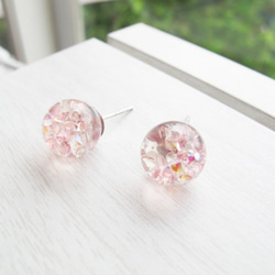 ＊Rosy Garden＊淡粉紅色流動水晶玻璃球針式耳環 可換耳夾 第4張的照片