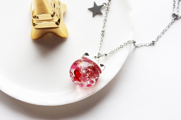 Rosy Garden 小貓咪深粉紅色水晶流動玻璃球項鍊 銀色鍊 第4張的照片