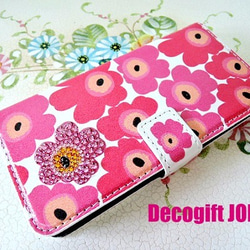 iPhone6ケース　手帳型/スワロフスキーデコ/スワロフスキーきらきら花柄　ピンク 1枚目の画像