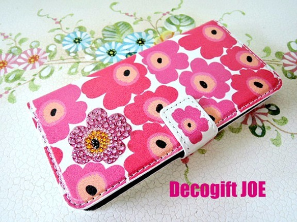 iPhone6ケース　手帳型/スワロフスキーデコ/スワロフスキーきらきら花柄　ピンク 1枚目の画像