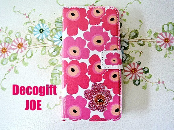iPhone6ケース　手帳型/スワロフスキーデコ/スワロフスキーきらきら花柄　ピンク 3枚目の画像