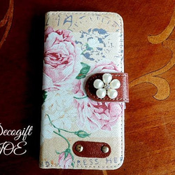 iPhone6/6sケース　手帳型 大人可愛いパールのお花つき　レトロ調　ローズ 1枚目の画像