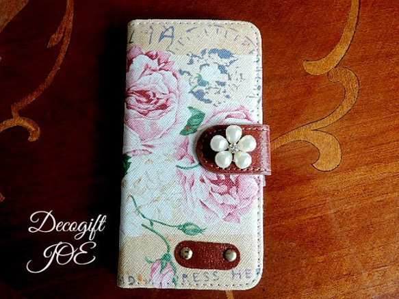 iPhone6/6sケース　手帳型 大人可愛いパールのお花つき　レトロ調　ローズ 1枚目の画像