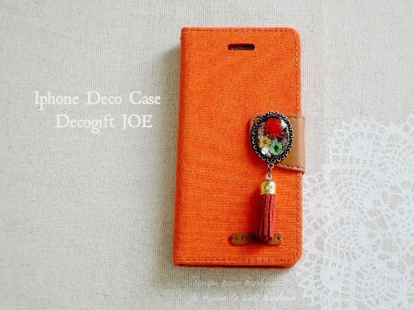 押花與選擇流蘇☆帆布×皮革iPhone6​​ / 6S手機殼，橙色 第2張的照片