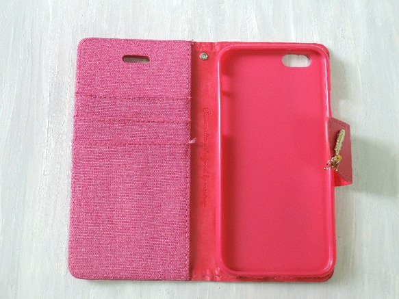 イニシャル＆フェザー♡　iPhone6／6s手帳型ケース　キャンバスピンク 5枚目の画像