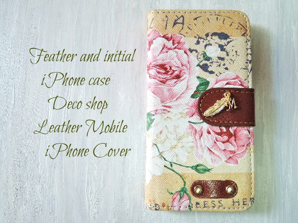 銷售！ iPhone7 / 8♡首字母和羽毛♡古董玫瑰筆記本型案例 第1張的照片