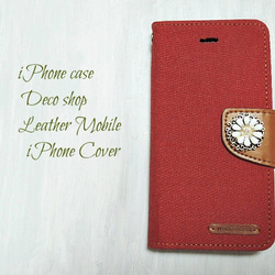iPhone6 / 6s ♡ 花帆布 x 皮革筆記本型保護殼 紅色 第1張的照片