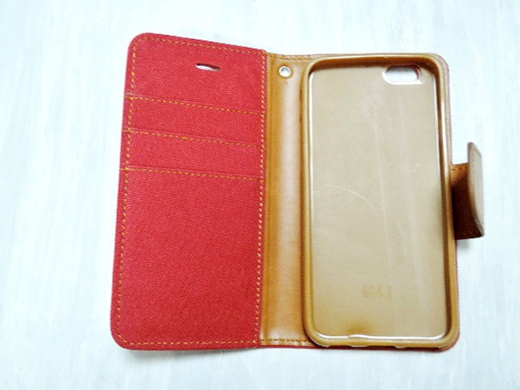 iPhone6 / 6s ♡ 花帆布 x 皮革筆記本型保護殼 紅色 第3張的照片